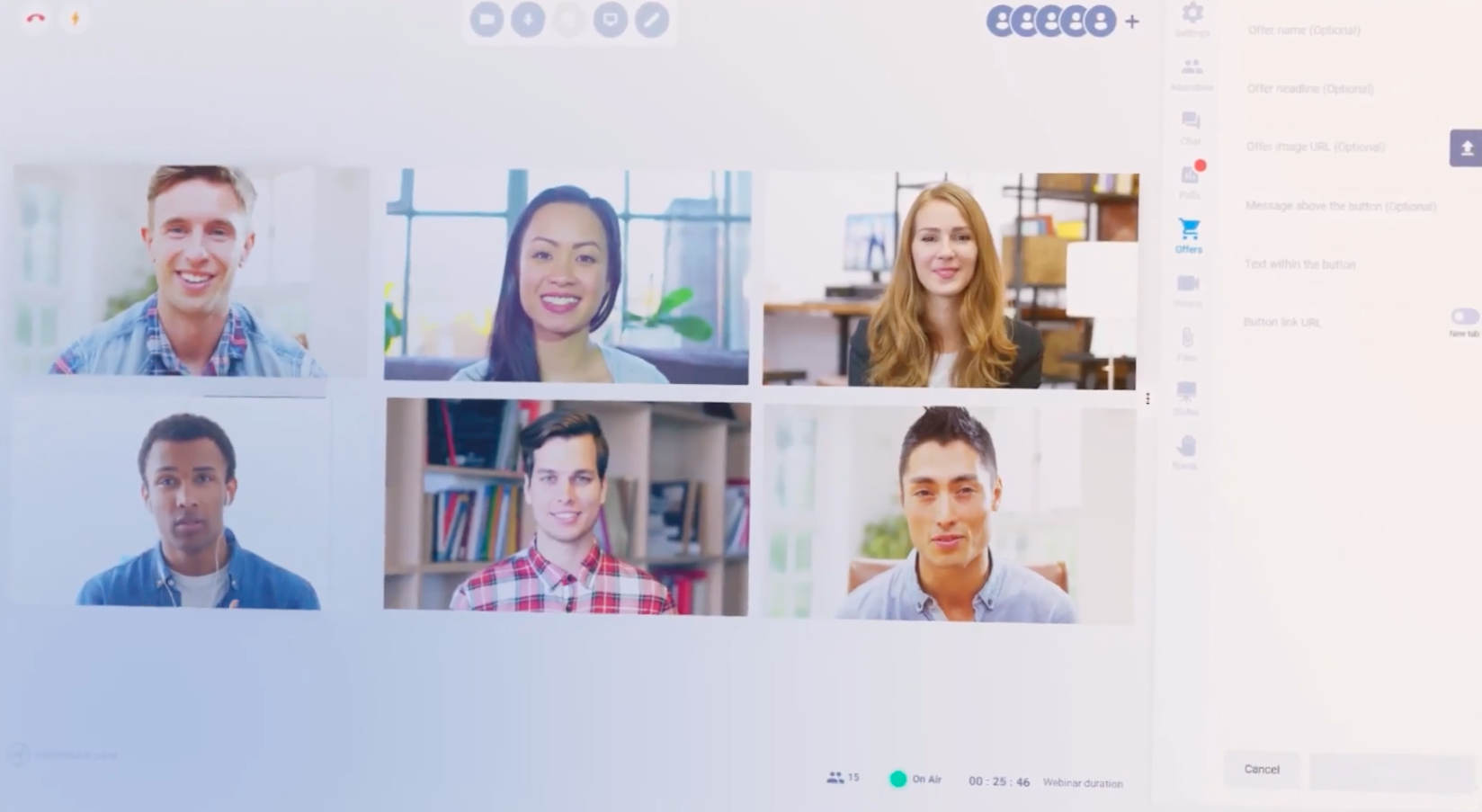 EverWebinar evergreen webinar interface — 6 participant tiles in automated-replay mode